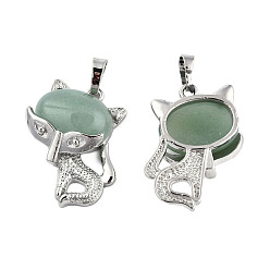 Green Aventurine Natural Green Aventurine Pendants, with Platinum Plated Brass Findings, Cat Charm, 30.5x25x9mm, Hole: 5x7.5mm