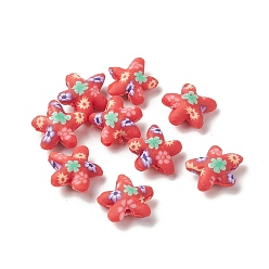 Indian Red Handmade Polymer Clay Beads, Starfish with Flower Pattern, Indian Red, 14~16x15~16.5x5.5~7mm, Hole: 1.8mm