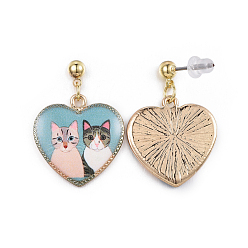 Light Blue Alloy Kitten Dangle Stud Earrings, with Enamel, Eco-Friendly Stainless Steel Pins and Ear Nuts, Printed, Heart with Cat Shape, Light Blue, 27.5x19.5mm, Pin: 0.7mm