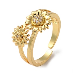 Real 18K Gold Plated Rack Plating Brass Cubic Zirconia Open Cuff Rings, Sunflower, Cadmium Free & Lead Free, Real 18K Gold Plated, Inner Diameter: 17.8mm