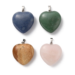 Mixed Stone Natural Mixed Stone Pendants, Heart Charms, with Rack Plating Platinum Tone Brass Snap on Bails, 32~33x30~31x12~13mm, Hole: 5x8mm