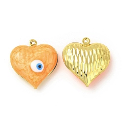 Orange Brass Enamel Pendants, Real 18K Gold Plated, Long-Lasting Plated, Heart with Evil Eye Pattern, Orange, 24x22x8mm, Hole: 1.2mm