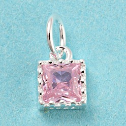 Pink 925 Sterling Silver Charms, with Cubic Zirconia, Faceted Square, Silver, Pink, 7x5x3mm, Hole: 3mm