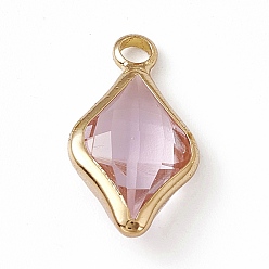 Light Rose K9 Glass Pendants, Rhombus Charms, Faceted, with Light Gold Tone Brass Edge, Light Rose, 18.5x10x5mm, Hole: 2.2mm