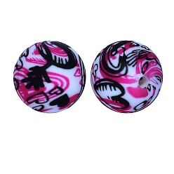 Hot Pink Round with Ghost Print Pattern Food Grade Silicone Beads, Silicone Teething Beads, Hot Pink, 15mm