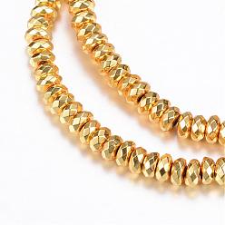 Golden Plated Electroplate Non-magnetic Synthetic Hematite Bead Strands, Rondelle, Faceted, Golden Plated, 7.5~8x4mm, Hole: 1~1.5mm, about 101pcs/strand, 15.7 inch
