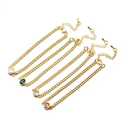 Mixed Color Cubic Zirconia Oval Link Bracelet with Curb Chains, Gold Plated Brass Jewelry for Women, Lead Free & Cadmium Free, Mixed Color, 7-1/4 inch(18.5cm)