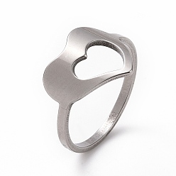 Stainless Steel Color 201 Stainless Steel Heart Finger Ring, Hollow Wide Ring for Women, Stainless Steel Color, US Size 6 1/2(16.9mm)