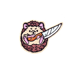 Hedgehog Cartoon Appliques, Embroidery Iron on Cloth Patches, Sewing Craft Decoration, Hedgehog & Knife, 55x42mm