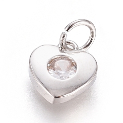 Real Platinum Plated Brass Micro Pave Cubic Zirconia Pendants, with Jump Ring, Long-Lasting Plated, Heart, Clear, Real Platinum Plated, 7.5x7x2mm, Hole: 2.5mm