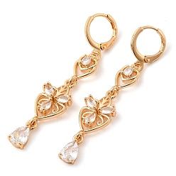Clear Rack Plating Golden Brass Dangle Leverback Earrings, with Cubic Zirconia, Flower, Clear, 53x10.5mm