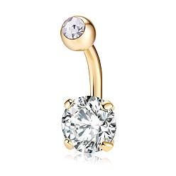 Clear Piercing Jewelry, Brass Cubic Zirconia Navel Ring, Belly Rings, with 304 Stainless Steel Bar, Lead Free & Cadmium Free, Real 18K Gold Plated, Flat Round, Clear, 21x8mm, Bar: 15 Gauge(1.5mm), Bar Length: 3/8"(10mm)
