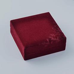 Красный Квадратные бархатные браслеты шкатулки, украшения подарочные коробки, цветочным узором, красные, 10.1x10x4.3 см