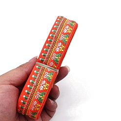 Orange Red 6.5M Ethnic Style Flat Embroidery Polyester Ribbons, Jacquard Ribbon, Garment Accessories, Flower Pattern, Orange Red, 1-1/4 inch(33mm), about 7.11 Yards(6.5m)/Bundle