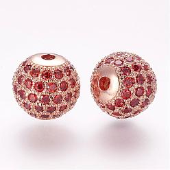 Rose Gold Brass Micro Pave Cubic Zirconia Beads, Round, Rose Gold, 10mm, Hole: 2mm