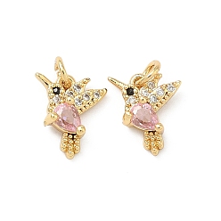 Бледно-Розовый Латунные микро проложить кубического циркония подвески, амулеты птиц, без свинца и без кадмия, стойки покрытие, долговечный, реальный 18 k позолоченный, розовый жемчуг, 10x9x3.5 мм, Перейти кольцо: 4x0.8 мм, 2.5 мм внутренним диаметром