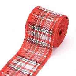 Tomato Polyester Imitation Linen Ribbon, Linen Wired Edge Ribbon, Tartan Pattern, for DIY Crafts, Christmas, Wedding, Home Decoration, Tomato, 2-3/8 inch(60mm), 5m/roll(5.5 yards/roll)