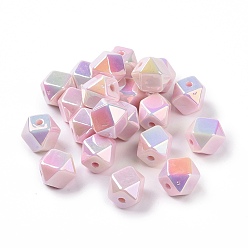 Pink UV Plating Rainbow Iridescent Opaque Acrylic Beads, Faceted, Cornerless Cube Bead, Pink, 15.5x18.5x18mm, Hole: 3.2mm