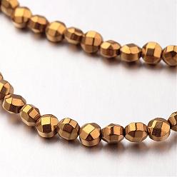 Golden Plated Electroplate Non-magnetic Synthetic Hematite Bead Strands, Faceted, Flat Round, Golden Plated, 4x4x3mm, Hole: 1mm, about 102pcs/strand, 15.7 inch
