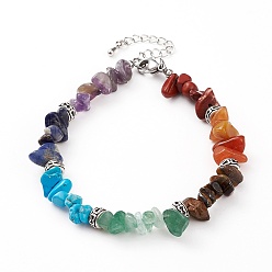 Mixed Stone Chakra Jewelry, Chips Natural & Synthetic Gemstone Beads Bracelets, with Alloy Beads and 304 Stainless Steel Lobster Claw Clasps, Antique Silver & Platinum, 7-7/8 inch(20cm)