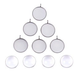 Stainless Steel Color DIY Pendants Making, 304 Stainless Steel Pendant Cabochon Settings and Half Round Clear Glass Cabochons, Stainless Steel Color, Tray: 16mm, 21.5x18x1.5mm, Hole: 2mm, 1pc/set, 16x7.5mm, 1pc/set
