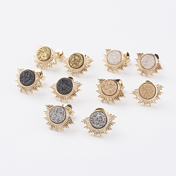 Mixed Color Electroplate Natural Druzy Agate Stud Earrings, with Brass Findings, Sun, Golden, Mixed Color, 10x14x3~4mm, Pin: 0.8mm