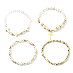 Mixed Color 4Pcs 4 Style Shell Pearl & Glass Beaded Stretch Bracelets Set, Brass Cross Charms Stackable Bracelets for Women, Mixed Color, Inner Diameter: 2-1/8~2-1/4 inch(5.25~5.85cm), 1Pc/style