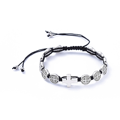 Platinum Adjustable Nylon Thread Braided Bead Bracelets, with Tibetan Style Alloy Beads and 304 Stainless Steel Beads, Saint Benedict Medal & Cross, Platinum, Inner Diameter: 2 inch~3-3/4 inch(5.1~9.6cm)
