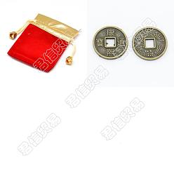 Antique Bronze Nbeads 300Pcs Feng Shui Chinoiserie Alloy Copper Coin Pendant, Flat Round Chinese Ancient Coins with Chinese Character, with 6Pcs Gift Bags, Antique Bronze, 10x1mm, Hole: 2x2mm