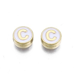 Letter C Alloy Enamel Beads, Cadmium Free & Lead Free, Light Gold, Flat Round with Alphabet, White, Letter.C, 8x4mm, Hole: 1.5mm