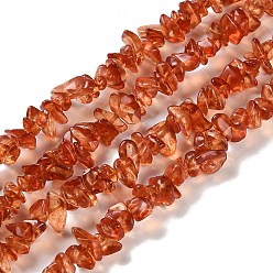 Sienna Spray Painted Transparent Glass Beads Strands, Imitation Gemstone, Chip, Sienna, 2~8x5~19x4.5~7.5mm, Hole: 0.4mm, 29.92''~31.10''(76~79cm)