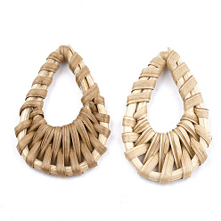 BurlyWood Handmade Reed Cane/Rattan Woven Pendants, For Making Straw Earrings and Necklaces, teardrop, BurlyWood, 47~54x29~35x4~5mm, Hole: 11~16x23~28mm