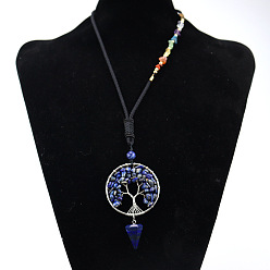 Lapis Lazuli Chakra Themed Natural Lapis Lazuli Chips Beaded Tree of Life Pendant Necklaces, Platinum Brass Wire Wrap Necklace with Mixed Stone Chips, 25.98 inch(66cm)