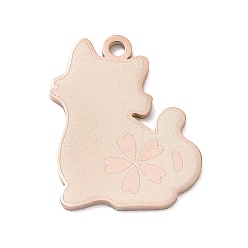 Oro Rosa 304 colgantes de acero inoxidable, Forma de gato con adornos de flores de cerezo, Pulido, revestimiento de iones (ip), oro rosa, 22.5x18.5x1.5 mm, agujero: 1.9 mm