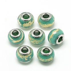 Turquoise Handmade Gold Sand Lampwork European Beads, with Brass Double Cores, Large Hole Beads, Rondelle, Platinum, Turquoise, 13.5~14.5x10.5~11mm, Hole: 5mm
