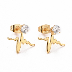 Golden 304 Stainless SteelStud Earrings, with 316 Stainless Steel Pin & Glass Imitation Cubic Zirconia, Golden, 13x14.5mm, Pin: 0.7mm
