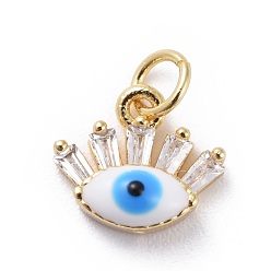 White Cubic Zirconia Charms, with Brass Findings and Enamel, Eye, Golden, White, 8.5x9.5x3~3.5mm, Hole: 2.5mm