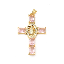 Misty Rose Rack Plating Brass Pendants, with Glass Cubic Zirconia, Religion Cross with Virgin Mary Charm, Cadmium Free & Lead Free, Long-Lasting Plated, Real 18K Gold Plated, Misty Rose, 43x27x4mm, Hole: 5x3mm