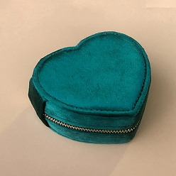 Teal Heart Velvet Jewelry Organizer Zipper Boxes, Portable Travel Jewelry Case, for Earrings, Necklaces, Rings, Teal, 10x9x5cm