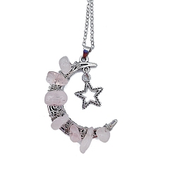 Rose Quartz Natural Rose Quartz Chips Moon with Alloy Star Pendant Necklaces, with Stainless Steel Chains, 18.90~19.69 inch(48~50cm)