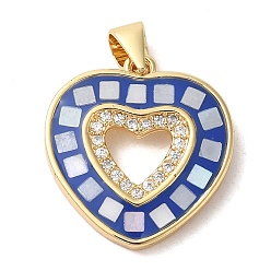 Королевский синий Стойки обшивки латунь кубического циркония подвески, с эмалью и ракушкой, долговечный, без свинца и без кадмия, реальный 18 k позолоченный, сердце, королевский синий, 20x18x3 мм, отверстие : 5x4 мм