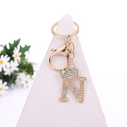 Letter N Crystal Rhinestone Initial Letter with Crown Pendant Keychains, with Light Gold Alloy Findings, Letter.N, 10~10.5cm, alphabet: 40~46x20~45mm