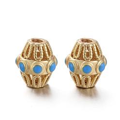 Deep Sky Blue Matte Gold Color Brass Hollow Beads, with Enamel, Long-Lasting Plated, Bicone, Deep Sky Blue, 10x9~10mm, Hole: 2mm