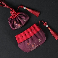 Dark Red Embroidered Cloth Jewelry Storage Bags, Drawstring Pouches, Dark Red, 8x13cm