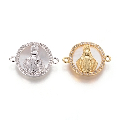 Mixed Color Brass Micro Pave Cubic Zirconia Links connectors, with Shell, Flat Round with Virgin Mary, Clear, Mixed Color, 16x21x3mm, Hole: 1.4mm