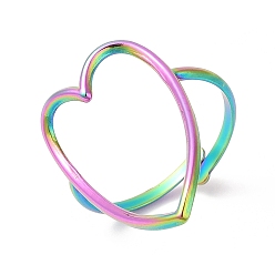 Rainbow Color Ion Plating(IP) 201 Stainless Steel Open Cuff Ring, Hollow Love Heart Ring for Women, Rainbow Color, US Size 8 1/2(18.6mm), 2mm