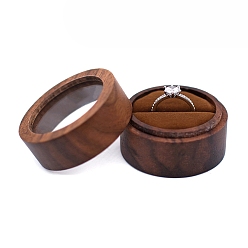 Saddle Brown Round Wood Ring Storage Boxes, Wooden Wedding Ring Gift Case with Velvet Inside and Visible Window, for Wedding, Valentine's Day, Saddle Brown, 50x35mm