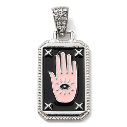 Black Rack Plating Alloy Enamel Pendants with Crystal Rhinestone Pendants, Rectangle Charms with Palm, Long-Lasting Plated, Lead Free & Cadmium Free, Platinum, Black, 36x20.5x2.5mm, Hole: 9.5x5.3mm
