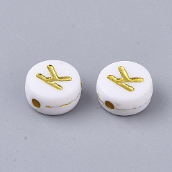 Letter K Plating Acrylic Beads, Golden Metal Enlaced, Horizontal Hole, Flat Round with Alphabet, White, Letter.K, 7x3.5mm, Hole: 1.2mm, about 3600pcs/500g