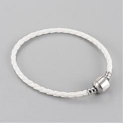 White Imitation Leather European Style Bracelet Making, with Brass Clasps, White, 7-5/8 inch(195mm)x3mm